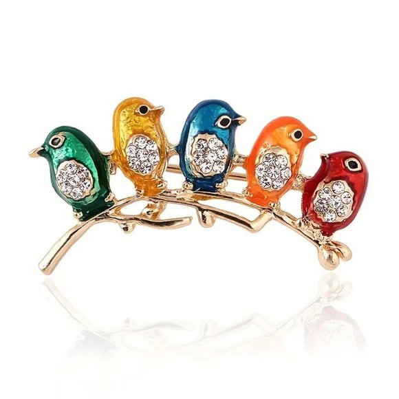 Birds on a Branch Enamel Rhinestone Brooch Pin Stylish Cute Colorful Rainbow - Picture 1 of 3